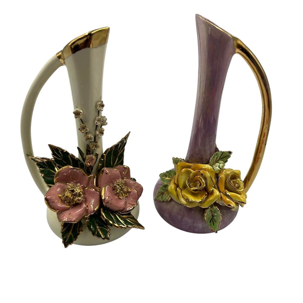 Vintage Set Handmade Pottery Bud Vase w Handles Gold Tone 3D Flowers RARE‎ MCM